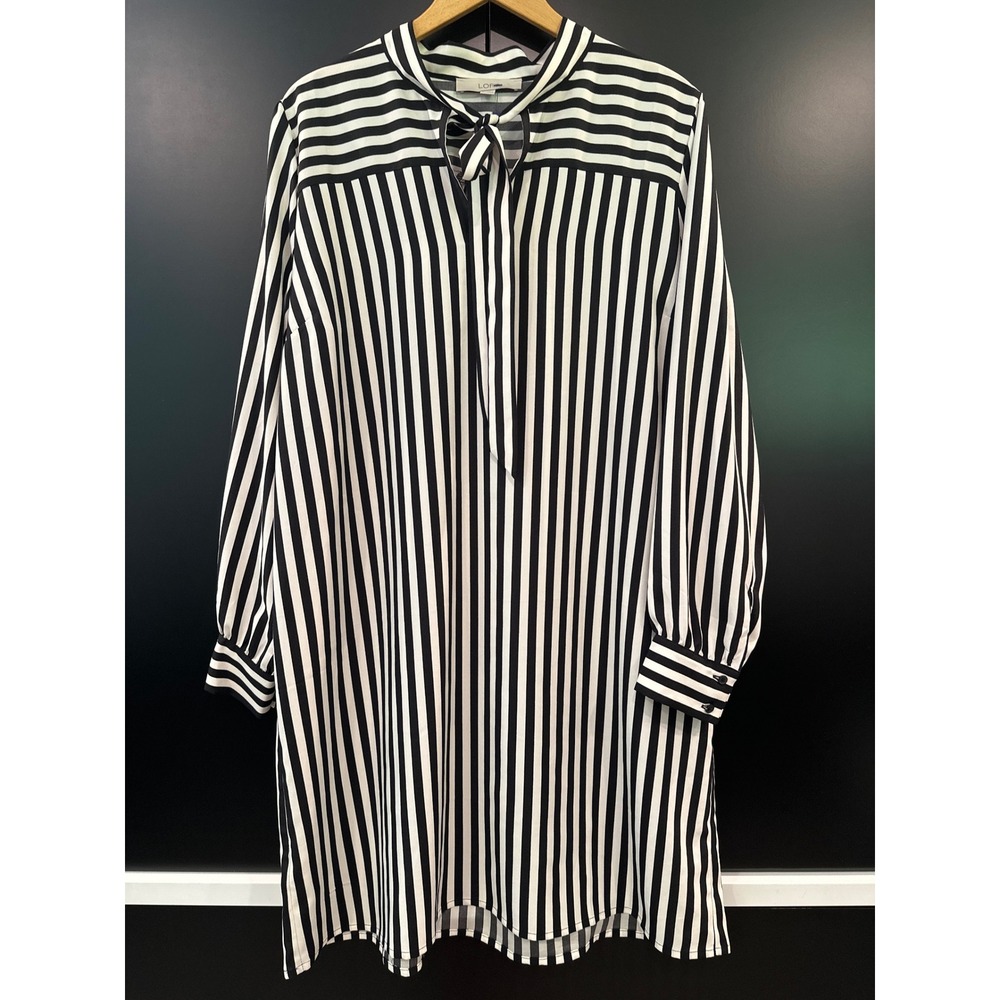 Loft Womens XL Black‎ White Striped Tie Neck Long Sleeve Shift Dress Mini